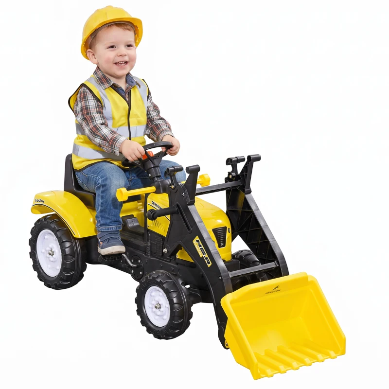 HOMCOM wiellader voor kinderen, beweegbare schop, claxon, pedaalaandrijving, vanaf 3 jaar, metalen frame, geel, 114 x 41 x 52 cm(m-12)