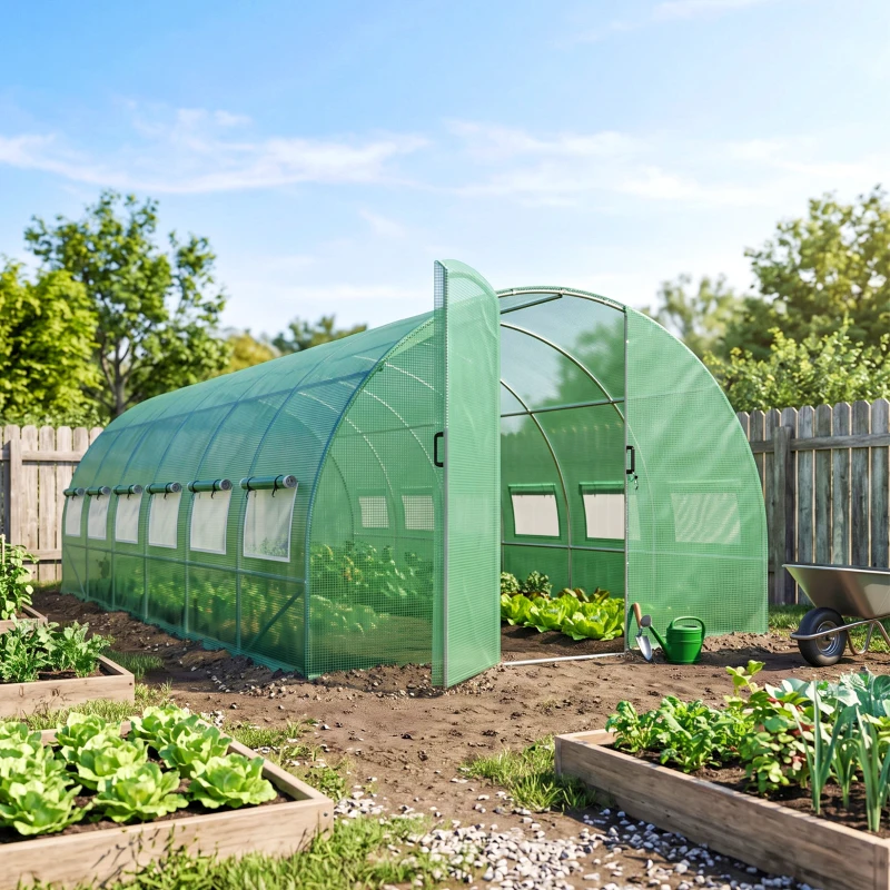 Outsunny Estufa Túnel 6x3x2 m com Porta com Dobradiças 12 Janelas com Rede e Estrutura de Aço Galvanizado Verde