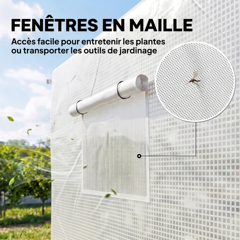 Outsunny Serre de jardin tunnel 2 x 3m, 6m² avec porte enroulable, 4 fenêtres, - Acier galvanisé PE Haute densité Blanc