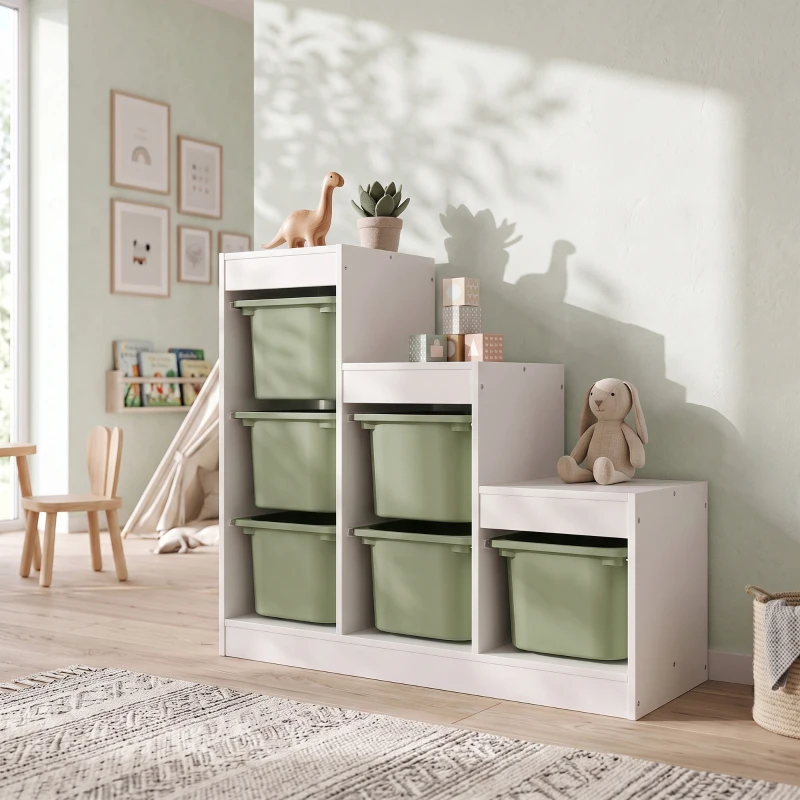 AIYAPLAY Scaffale Portagiocattoli a 3 Livelli con 6 Contenitori per Bambini da 3-8 Anni, 96x38.5x90cm, Verde