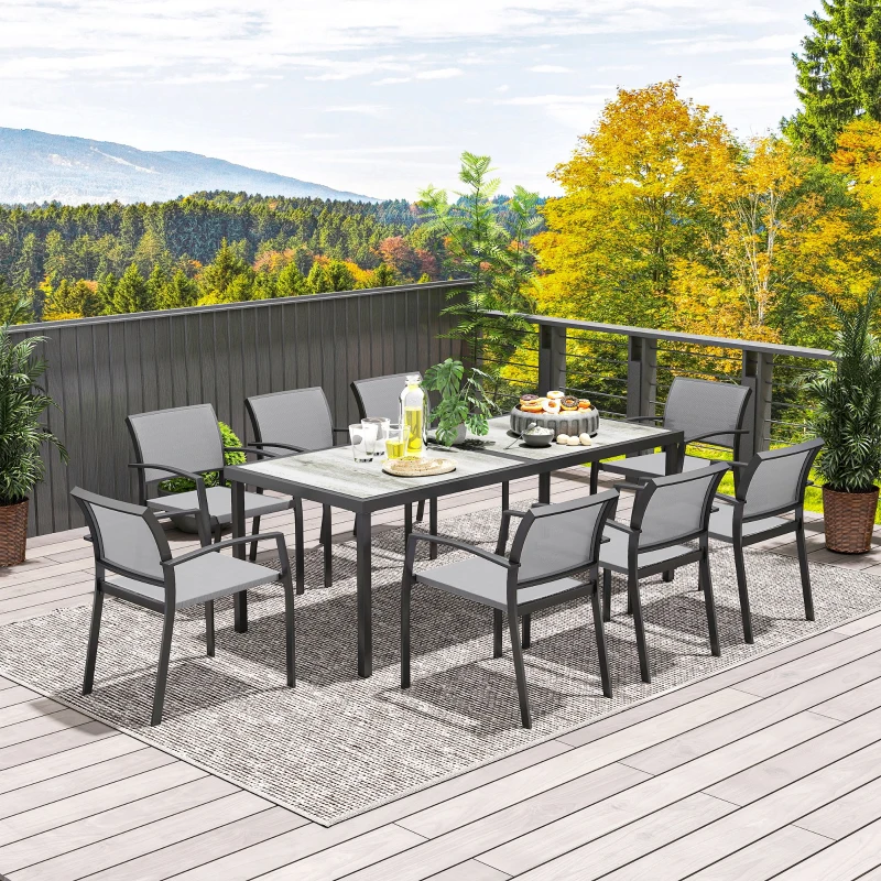 Outsunny Set da Giardino con Tavolo da Pranzo Rettangolare e 8 Sedie Impilabili con Braccioli, Grigio