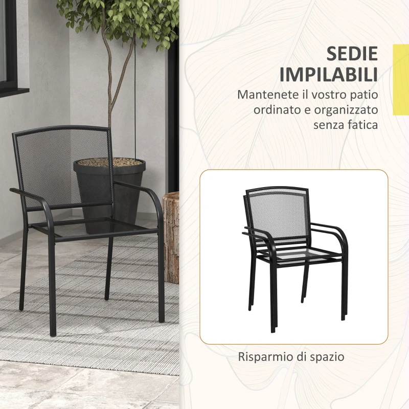 Outsunny Set 2 Sedie da Giardino Impilabili Salvaspazio con Braccioli in Acciaio, Nero