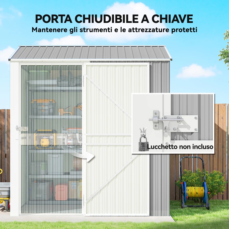 Outsunny Casetta da Giardino Alta in Acciaio da 3.51m² con Prese d'Aria e Porta Bloccabile, 209x177x236 cm, Argento