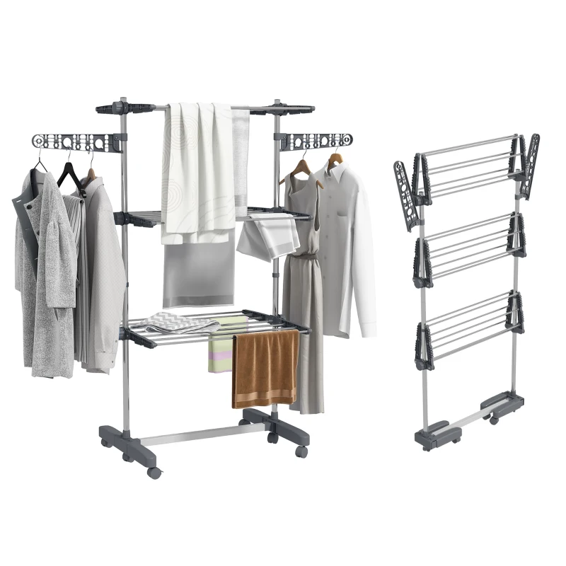 HOMCOM Wäschenständer Wäschetrockner. 4 Ebenen, klappbar, One-Klick-System, 142 cm x 55 cm x 152 cm Blau + Silber