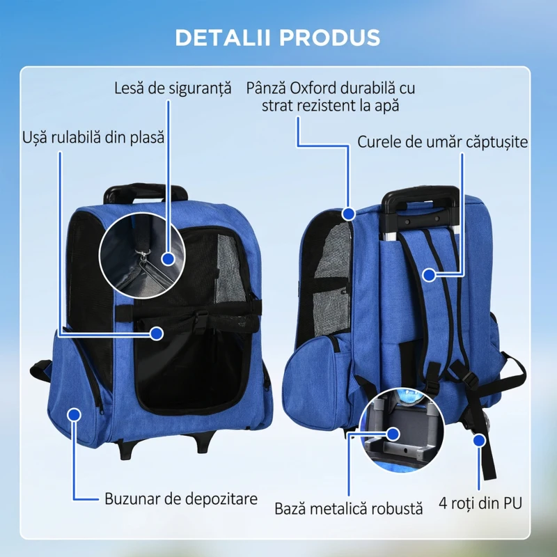 PawHut Rucsac transportabil 2 în 1 pentru câini și pisici cu buzunare și mâner telescopic, 42x25x55cm, albastru