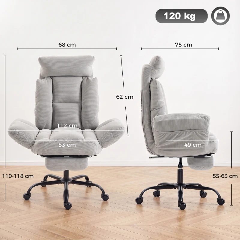 HOMCOM Executive Office Chair Height Adjustable Desk Chair Reclining Flip-up Armrest Footrest, Light Grey