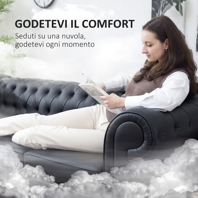 HOMCOM Divano 3 Posti Stile Chesterfield Trapuntato con Molle Insacchettate, Finta Pelle, 213x86x79 cm, Nero