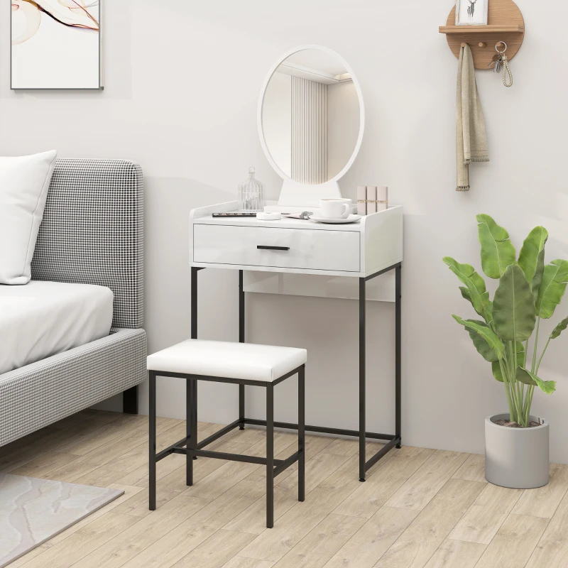 HOMCOM Set Tavolino Toeletta con Specchio da Trucco, Cassetto e Sgabello Imbottito, Bianco