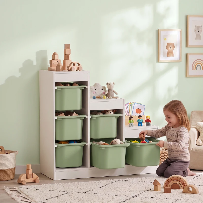 AIYAPLAY Scaffale Portagiocattoli a 3 Livelli con 6 Contenitori per Bambini da 3-8 Anni, 96x38.5x90cm, Verde