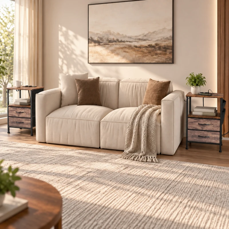 HOMCOM Măsuță industrială pentru living cu stație de încărcare, raft deschis, 2 sertare, maro rustic