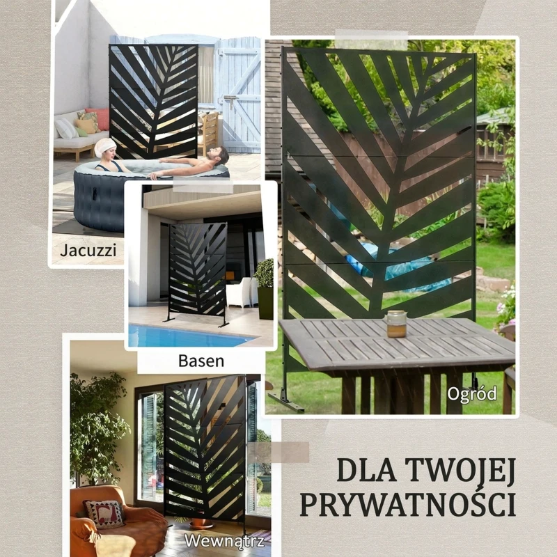 Outsunny Samodzielny Parawan Zewnętrzny, rama ze stali z powłoką, design: sylwetka liścia palmy, 1,2 x 2 m, Czarny