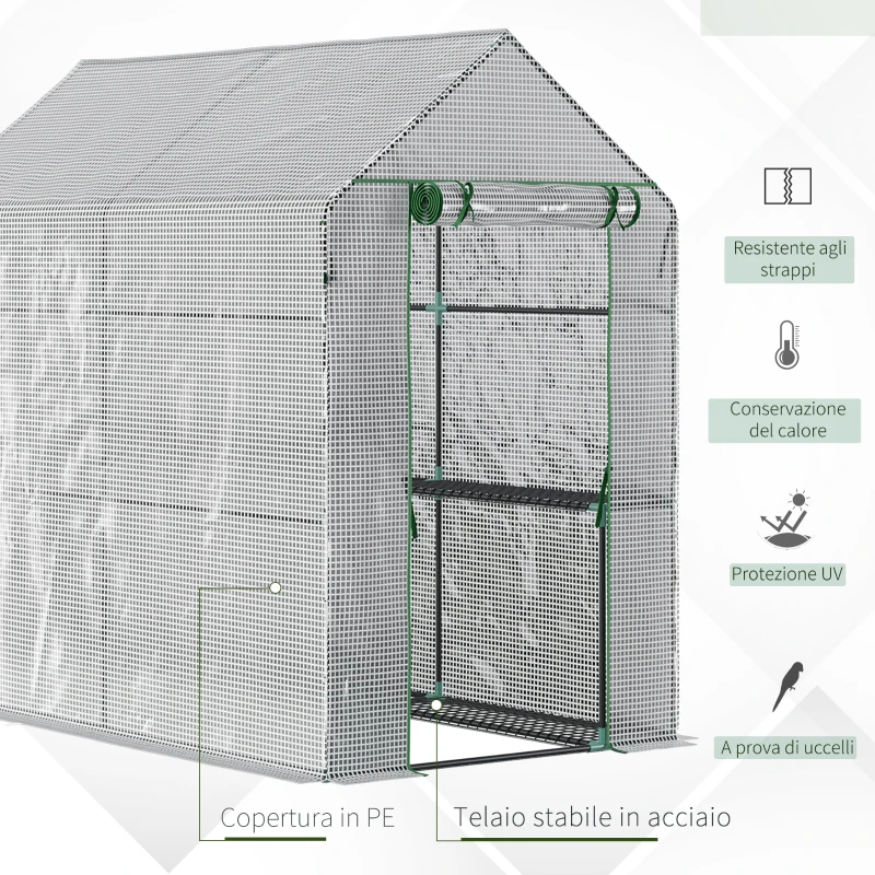 Outsunny Serra a Casetta con Rivestimento in PE, Porta a Cerniera e 4 Ripiani, 186x120x190cm, Bianco