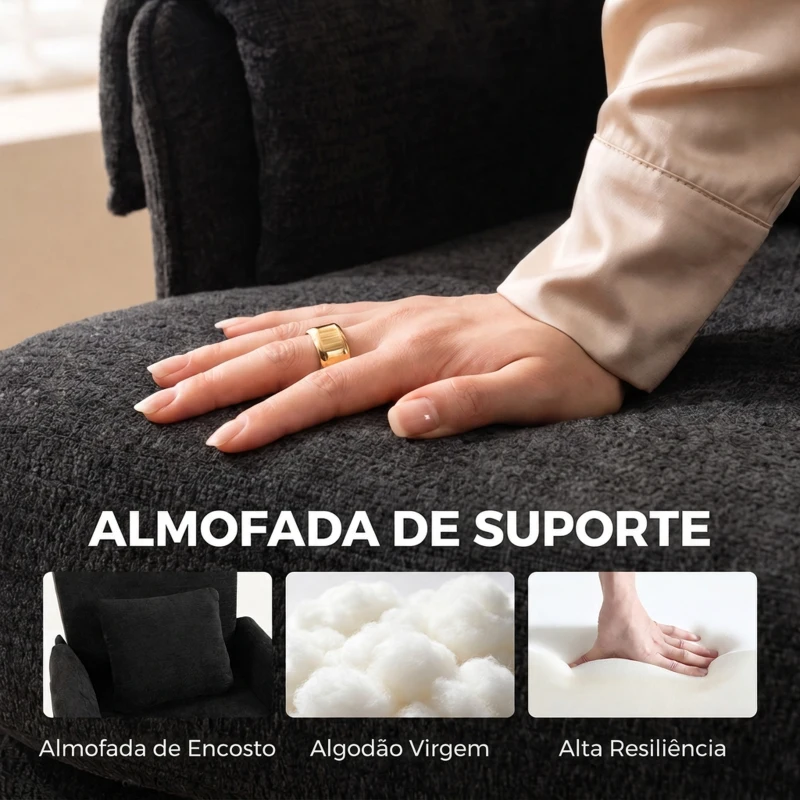 HOMCOM Cadeirão Individual em Chenille Acolchoado para Sala com Pés em Metal e Bolso Lateral, Preto