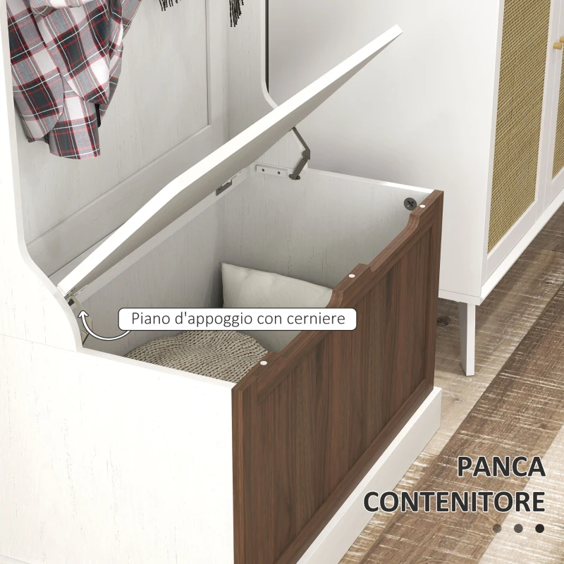 HOMCOM Mobile Appendiabiti 3 in 1 con 4 Ganci e Panca Contenitore, in Legno, 71.5x39.5x170 cm, Bianco