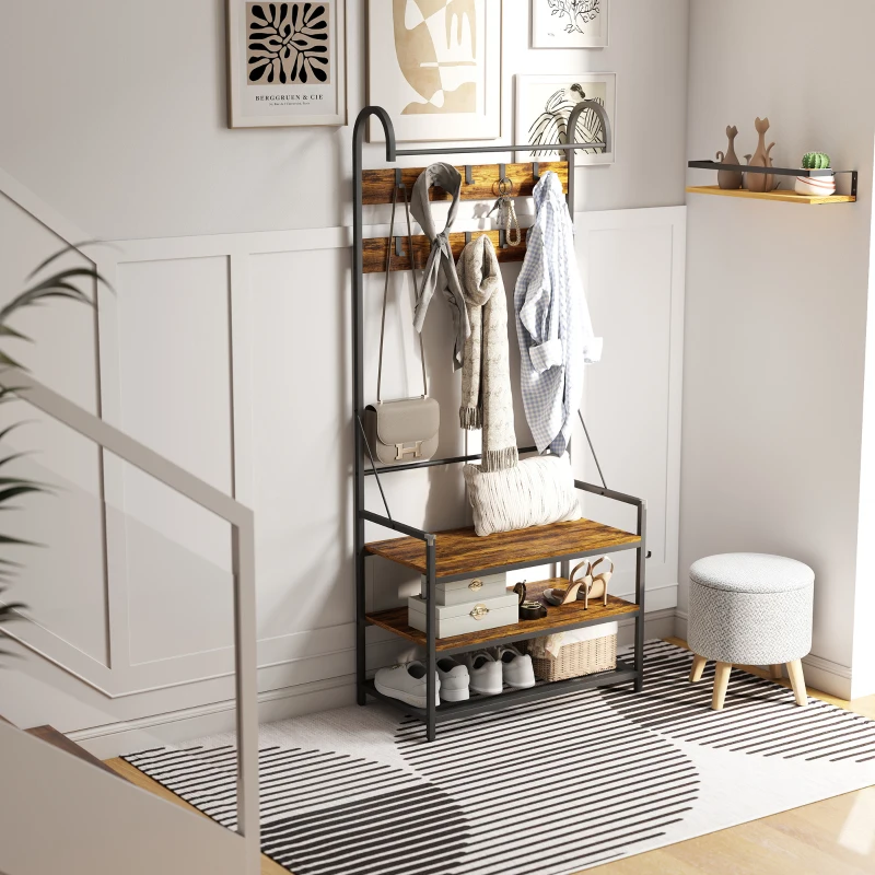 HOMCOM Appendiabiti da Ingresso con Asta, 10 Ganci, Panca e Scarpiera, in Legno e Metallo, 80x40x182 cm, Marrone e Nero