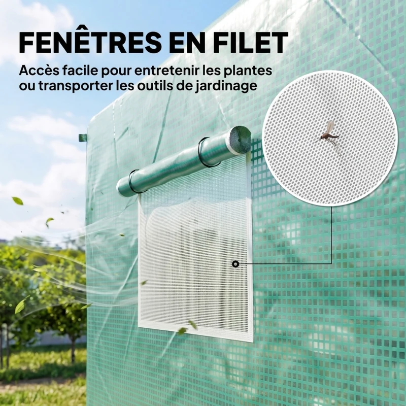Outsunny Serre de jardin tunnel 2 x 3m, 6m² avec porte enroulable, 4 fenêtres, - Acier galvanisé PE Haute densité Vert