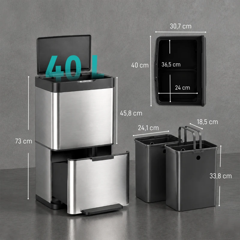 HOMCOM Poubelle de Cuisine Automatique 40 L en Inox, 3 Compartiments, Seaux Intérieurs Amovibles, Fermeture douce, Argenté