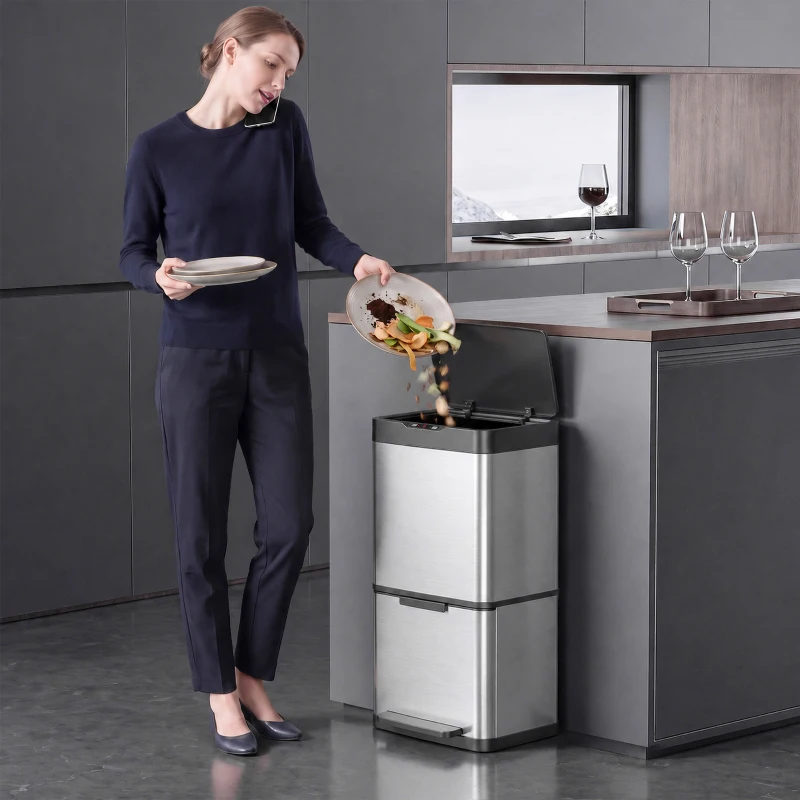 HOMCOM Coș de Gunoi Automat cu Senzor pentru Colectare Selectivă, 3 Compartimente (2 x 12,5 L + 15 L), din Oțel Inoxidabil, Găleți Detașabile