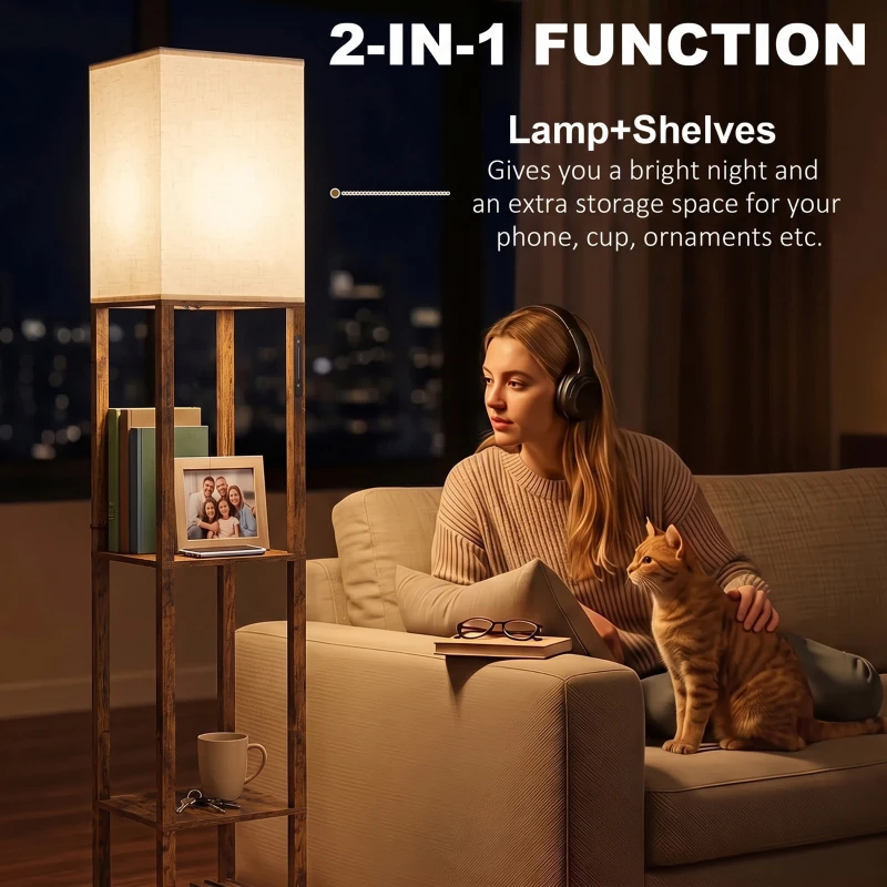 HOMCOM Floor Lamp with Shelves, Modern Dimmable Standing Lamp with Fabric Shade, Adjustable Colour Temperature, Rustic Brown