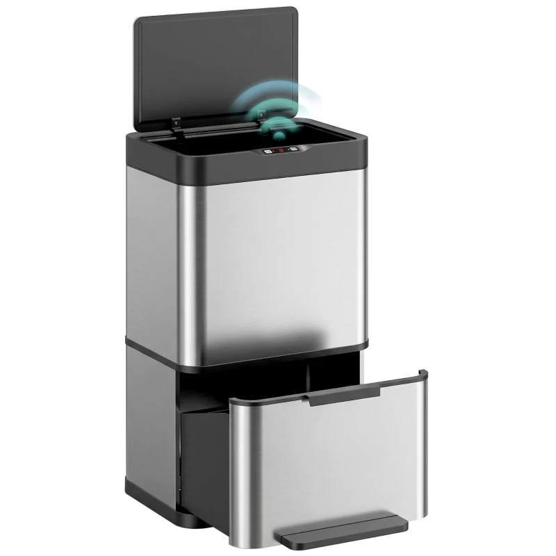 HOMCOM Coș de Gunoi Automat cu Senzor pentru Colectare Selectivă, 3 Compartimente (2 x 12,5 L + 15 L), din Oțel Inoxidabil, Găleți Detașabile