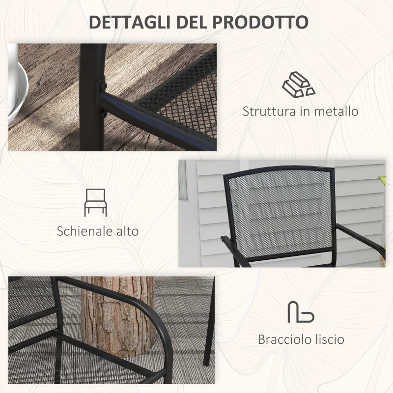 Outsunny Set 2 Sedie da Giardino Impilabili Salvaspazio con Braccioli in Acciaio, Nero
