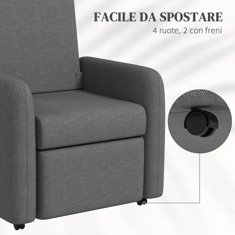 HOMCOM Poltrona Reclinabile 115° max con Poggiapiedi e 4 Ruote, in Poliestere e Legno, 76x78.5x102 cm, Grigio