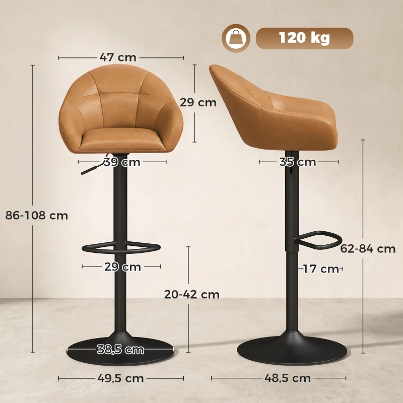 HOMCOM Lot de 2 Tabourets de Bar, Hauteur Réglable, Pivotant 360°, Dossier, Accoudoirs, Repose-Pieds, 49,5x48,5x108cm, Marron