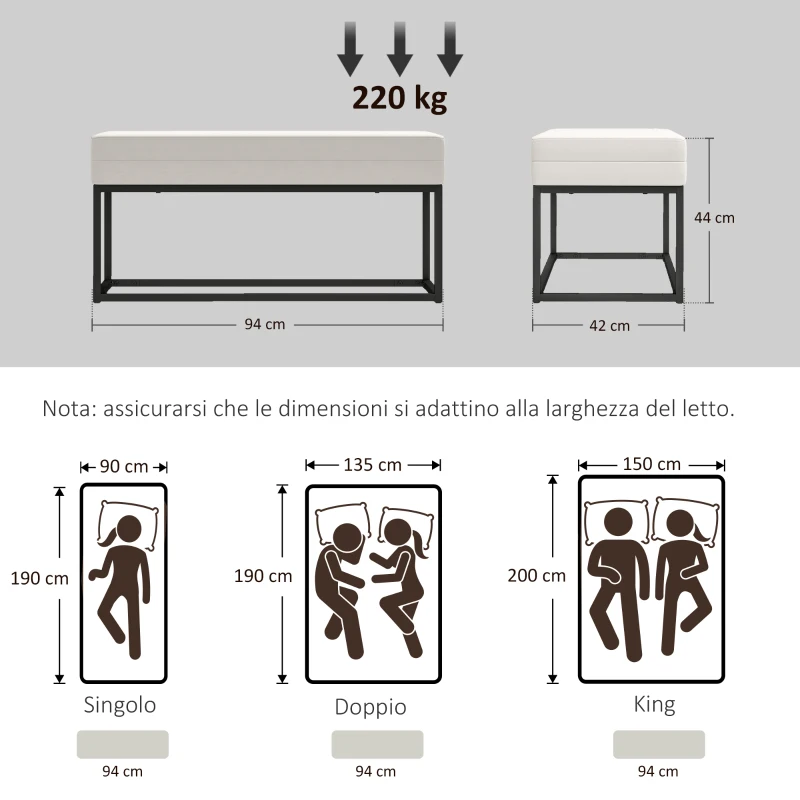 HOMCOM Panca da Ingresso Moderno in Acciaio, Spugna e Tessuto Vellutato con Piedini Regolabili, 94x42x44 cm, Crema