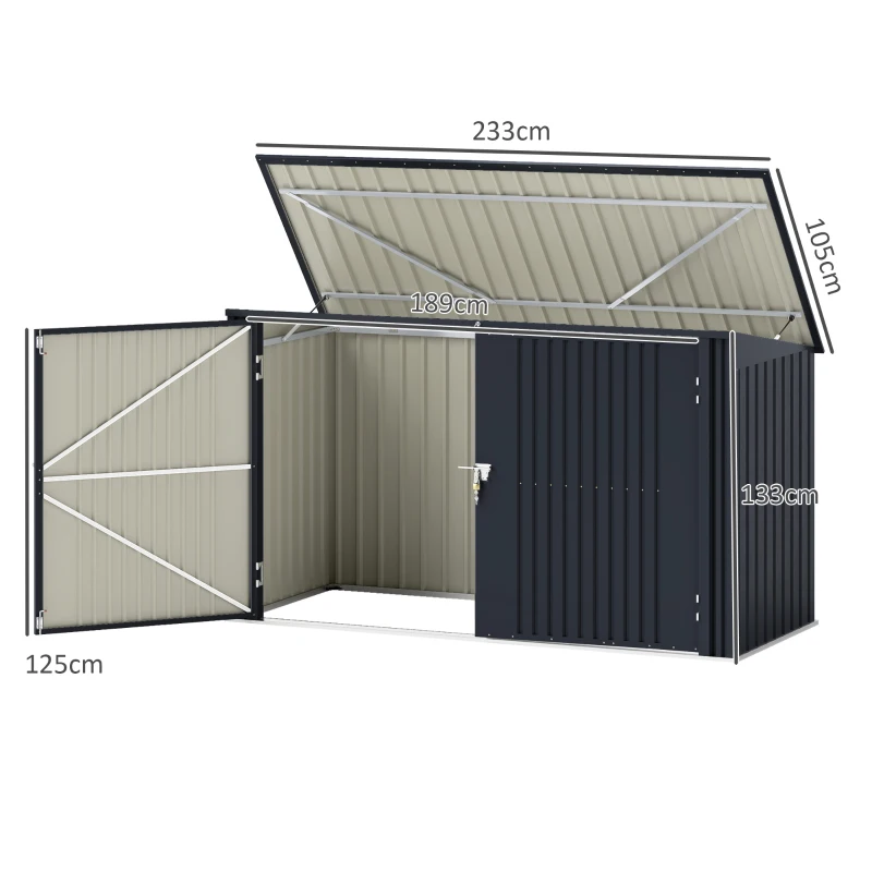 Outsunny Copribidoni in Acciaio per 3 Cassonetti da 240L con 2 Porte e Coperchio, 233x105x118.5/133 cm, Grigio Scuro