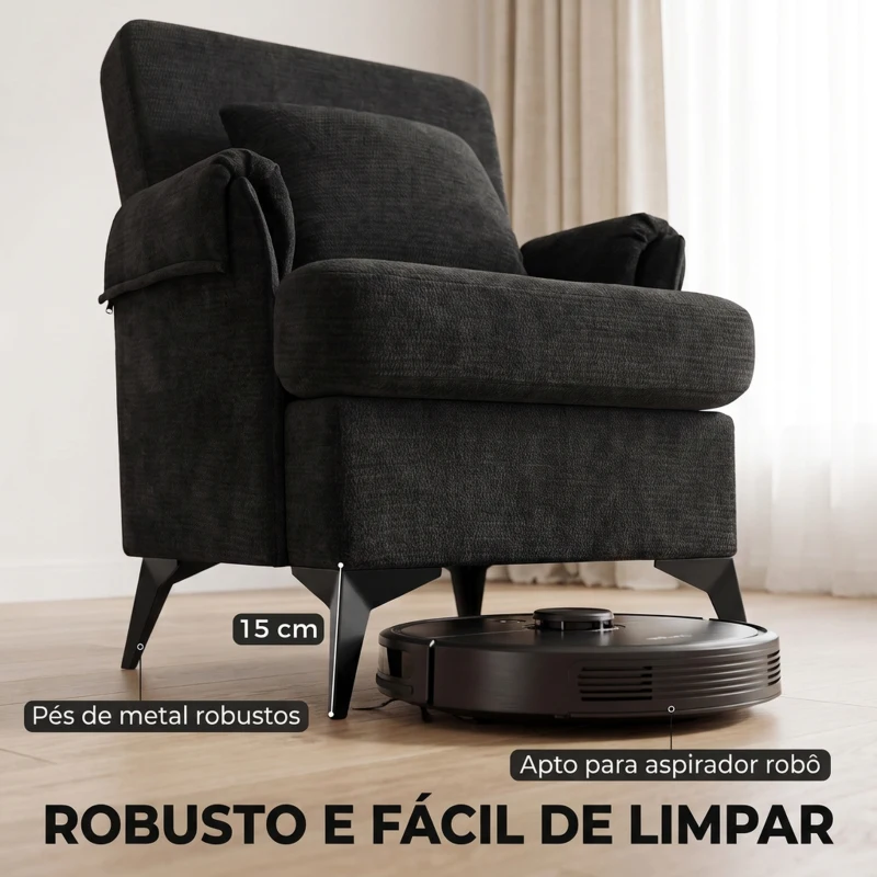 HOMCOM Cadeirão Individual em Chenille Acolchoado para Sala com Pés em Metal e Bolso Lateral, Preto
