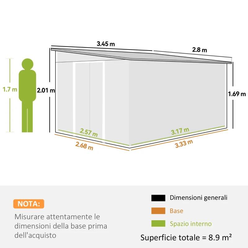 Outsunny Casetta da Giardino con Porta Scorrevole, in Acciaio, 345x280.5x169-201cm, Verde