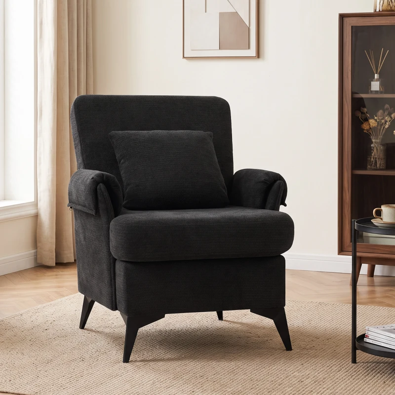 HOMCOM Cadeirão Individual em Chenille Acolchoado para Sala com Pés em Metal e Bolso Lateral, Preto