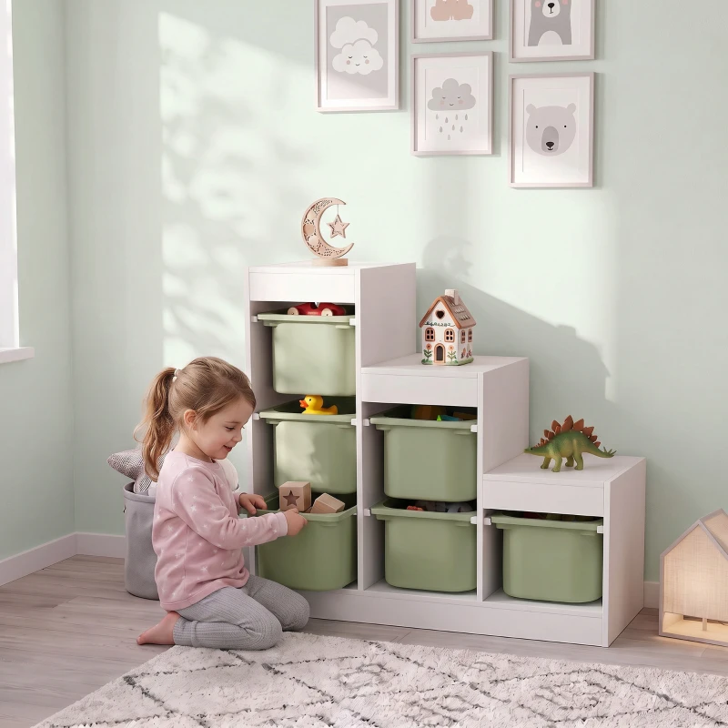 AIYAPLAY Scaffale Portagiocattoli a 3 Livelli con 6 Contenitori per Bambini da 3-8 Anni, 96x38.5x90cm, Verde