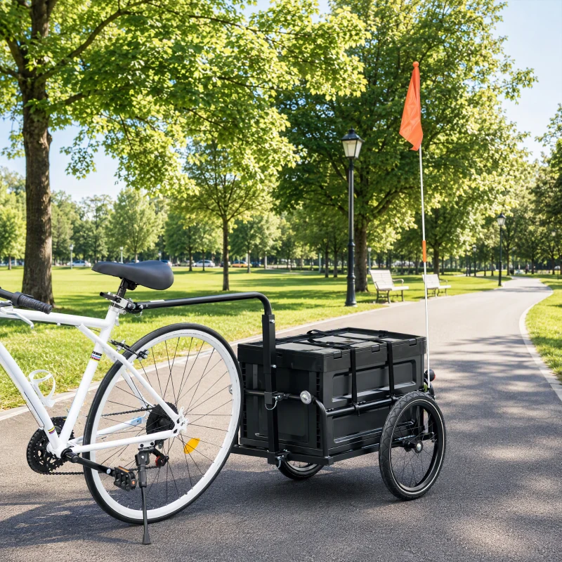 HOMCOM Steel Trailer for Bike, Bicycle Cargo Trailer with 65L Foldable Storage Box and Safe Reflectors, Max Load 40KG, Black