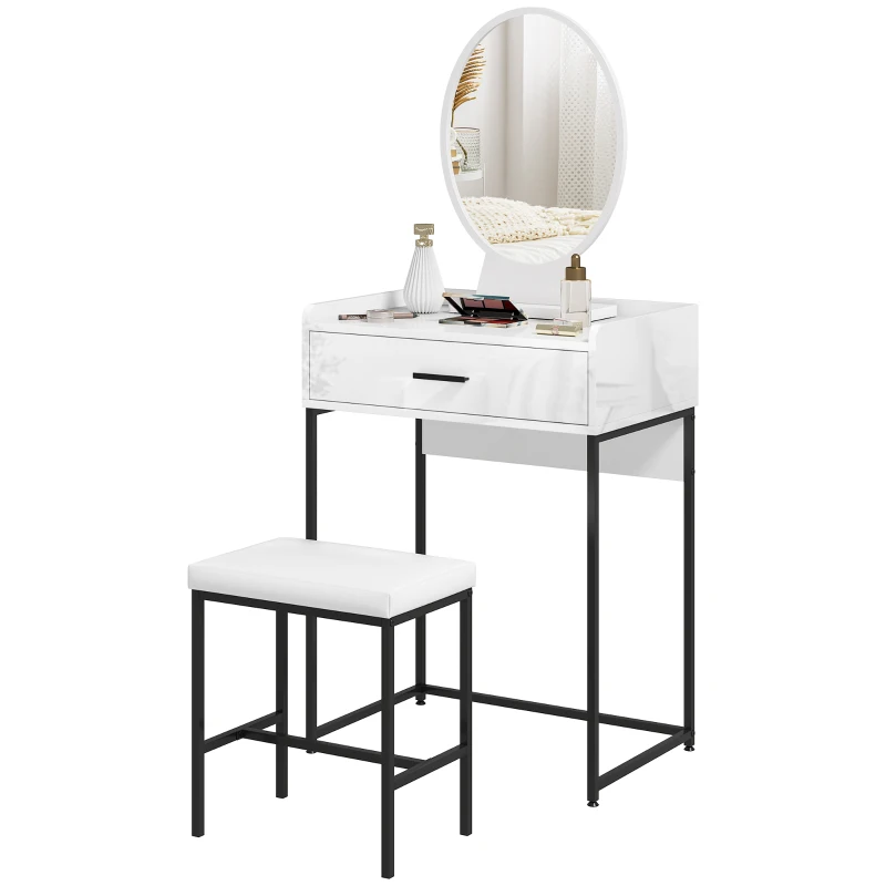 HOMCOM Set Tavolino Toeletta con Specchio da Trucco, Cassetto e Sgabello Imbottito, Bianco