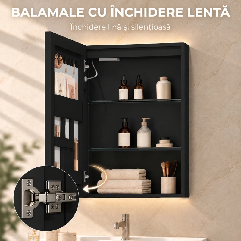 HOMCOM Dulap de Baie cu Oglindă și LED, 3 Culori, 50x70 cm, Soft-Close, Priză, Rafturi Reglabile, Negru