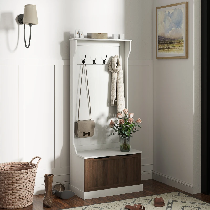 HOMCOM Mobile Appendiabiti 3 in 1 con 4 Ganci e Panca Contenitore, in Legno, 71.5x39.5x170 cm, Bianco