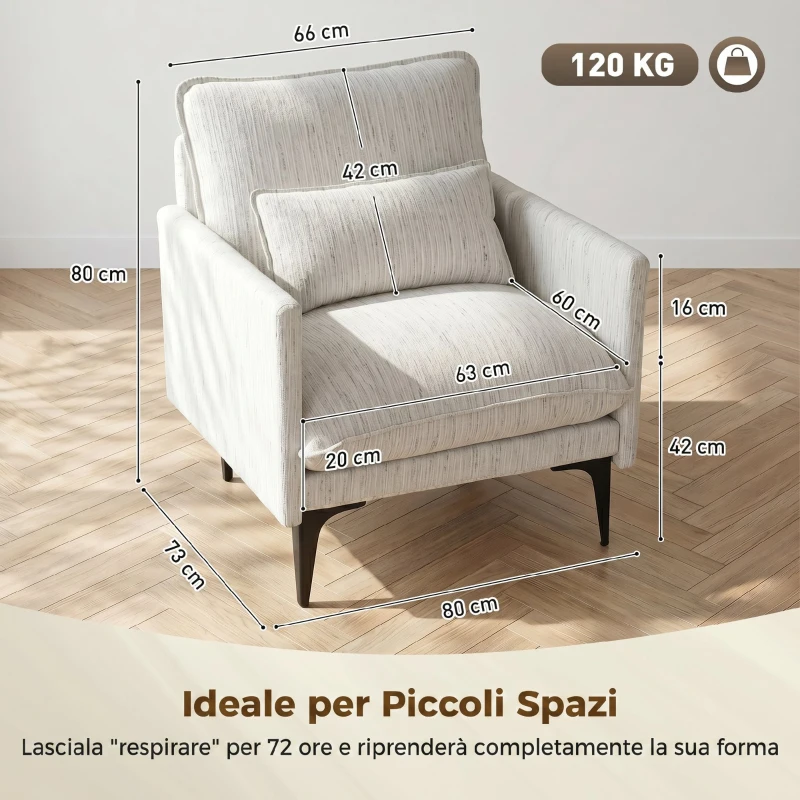 HOMCOM Poltrona da Salotto Imbottita in Tessuto Effetto Lino con Cuscino Lombare, Bianco