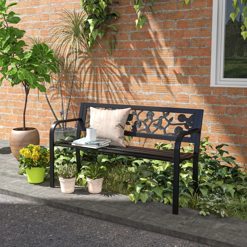 Outsunny Panchina da Giardino 2 Posti in Acciaio con Schienale Decorato e Braccioli, 127x50x75cm, Nero