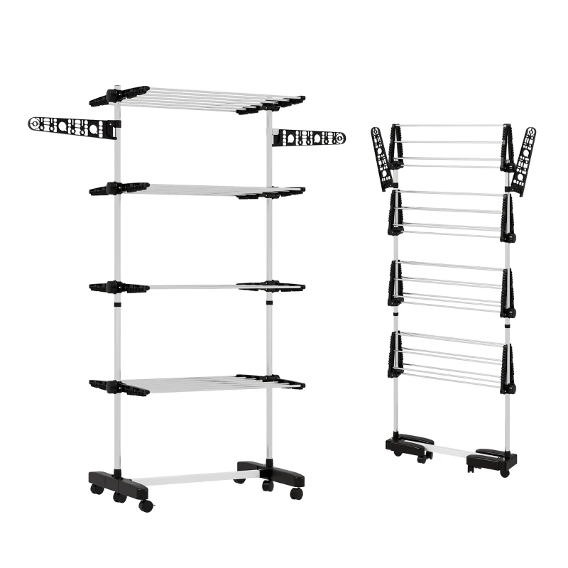 HOMCOM Wäschenständer Wäschetrockner 5 Ebenen, klappbar, One-Klick-System, 142 cm x 55 cm x1 72 cm, Schwarz + Silber(m-12)