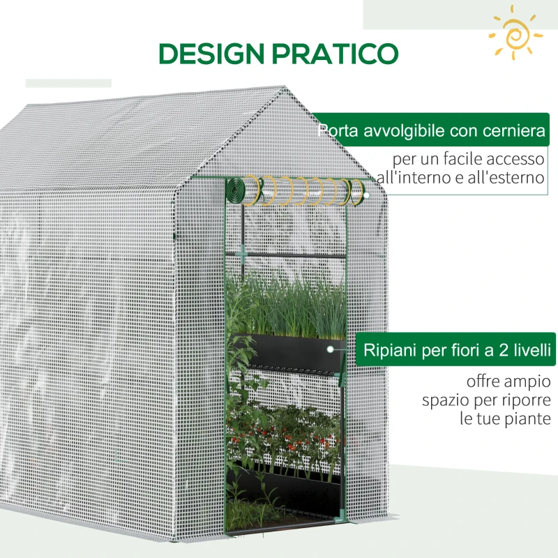 Outsunny Serra a Casetta con Rivestimento in PE, Porta a Cerniera e 4 Ripiani, 186x120x190cm, Bianco