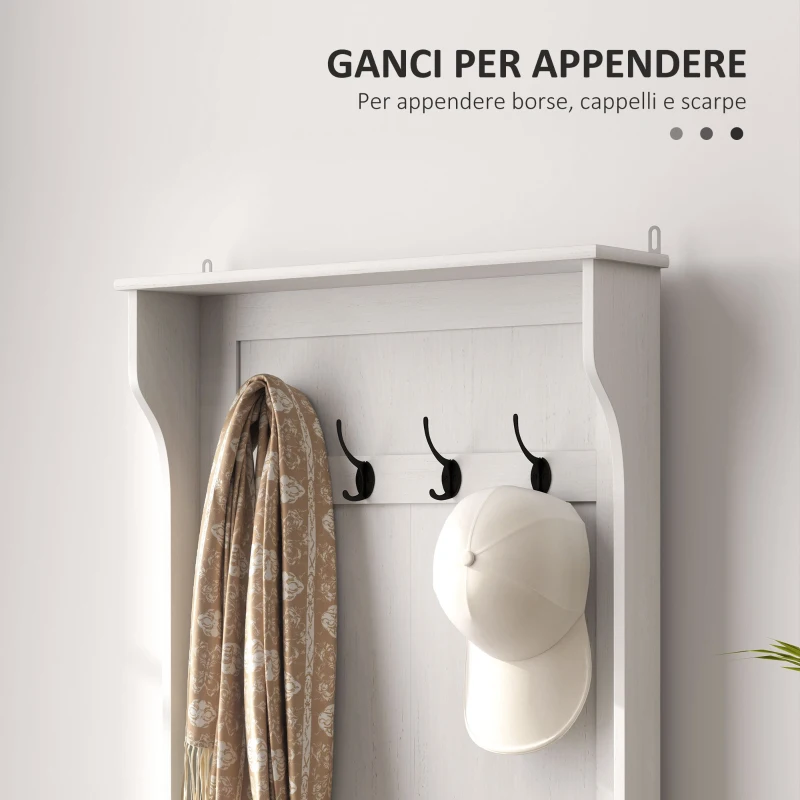 HOMCOM Mobile Appendiabiti 3 in 1 con 4 Ganci e Panca Contenitore, in Legno, 71.5x39.5x170 cm, Bianco