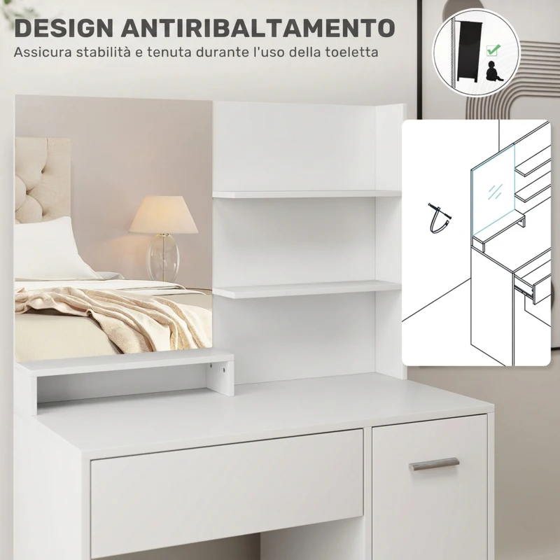 HOMCOM Toeletta Trucco con Specchio e Sgabello, Cassetto, Armadietto e Ripiani in Legno, Bianco
