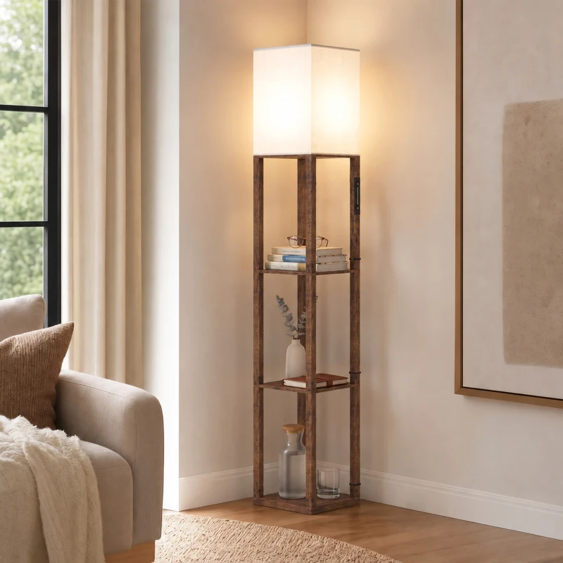 HOMCOM Floor Lamp with Shelves, Modern Dimmable Standing Lamp with Fabric Shade, Adjustable Colour Temperature, Rustic Brown