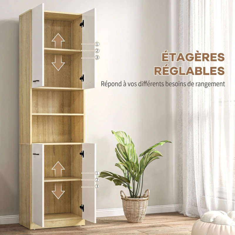 kleankin Colonne de Salle de Bain, Meuble de Rangement avec 4 Portes, 2 Compartiments Ouverts, Étagères Réglables, Blanc et Chêne