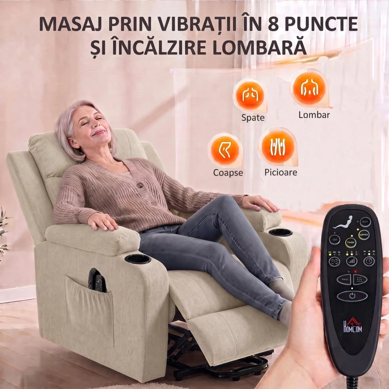 HOMCOM Fotoliu Electric cu Ridicare și Reclinare, Încălzire, Masaj, Efect In, 2 Telecomenzi, Crem