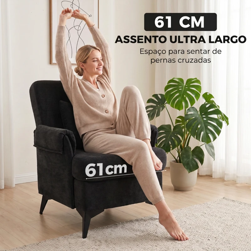 HOMCOM Cadeirão Individual em Chenille Acolchoado para Sala com Pés em Metal e Bolso Lateral, Preto