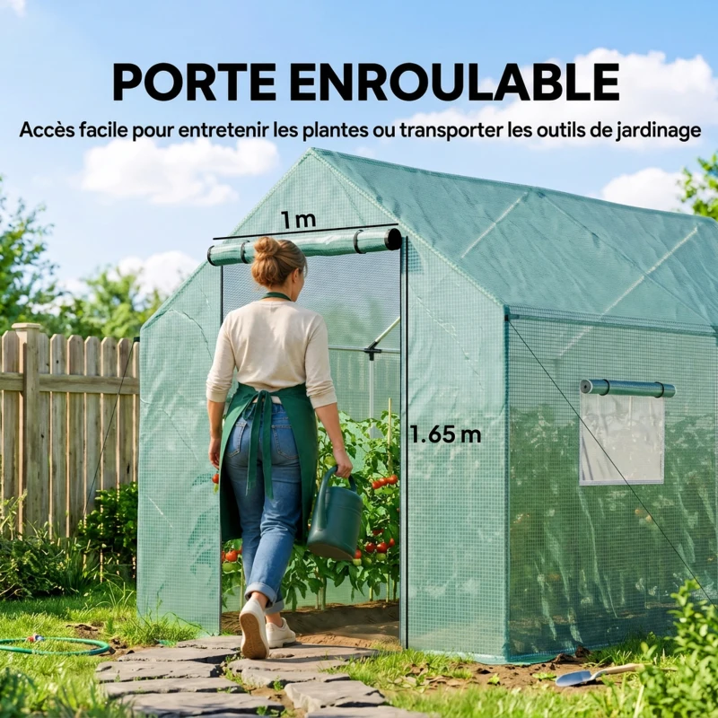 Outsunny Serre de jardin tunnel 2 x 3m, 6m² avec porte enroulable, 4 fenêtres, - Acier galvanisé PE Haute densité Vert