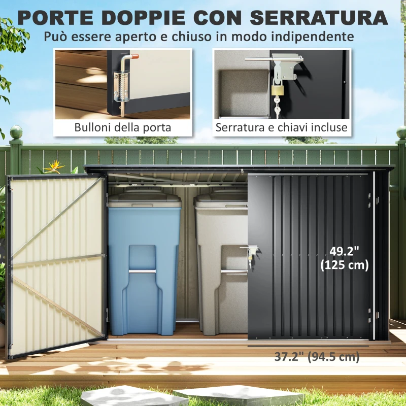 Outsunny Copribidoni in Acciaio per 3 Cassonetti da 240L con 2 Porte e Coperchio, 233x105x118.5/133 cm, Grigio Scuro