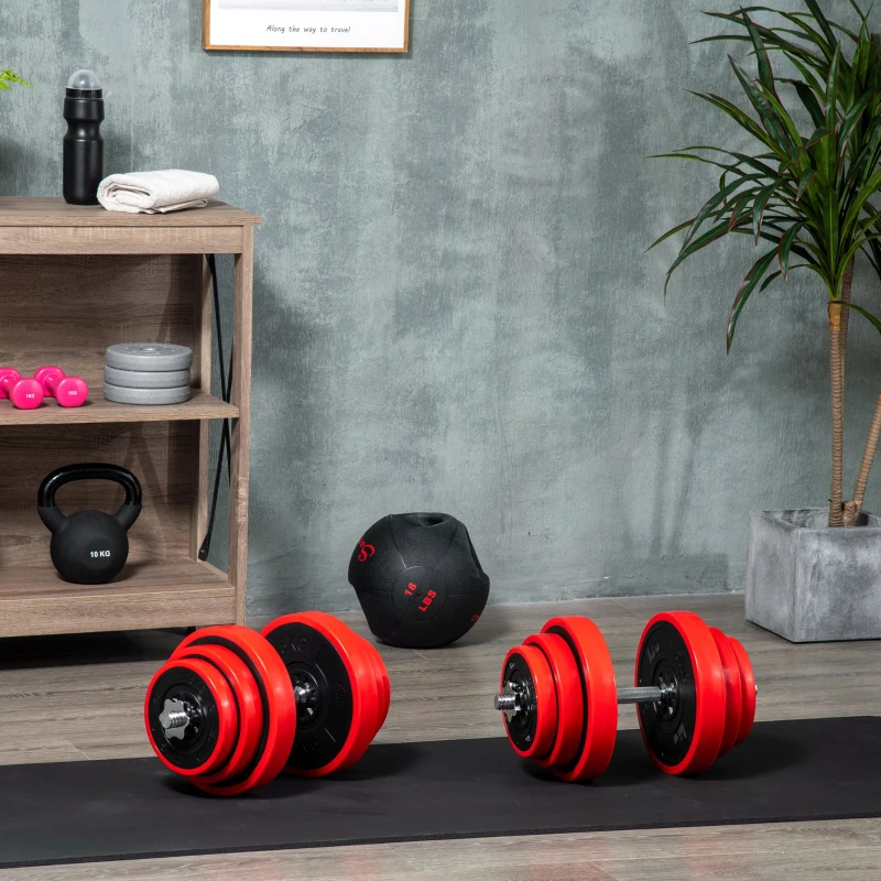 HOMCOM Set Manubri Palestra con Pesi da 40kg rivestiti in Gomma, in Metallo e Sabbia di Ferro, 45x26x26 cm, Rossa
